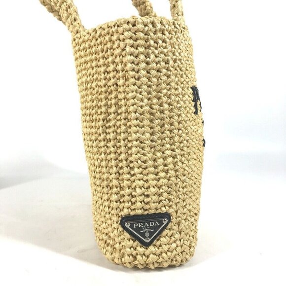 PRADA 1BG422 Basket Straw Bag Crochet Lettering Logo Tote Bag Hand Bag - Picture 5 of 9